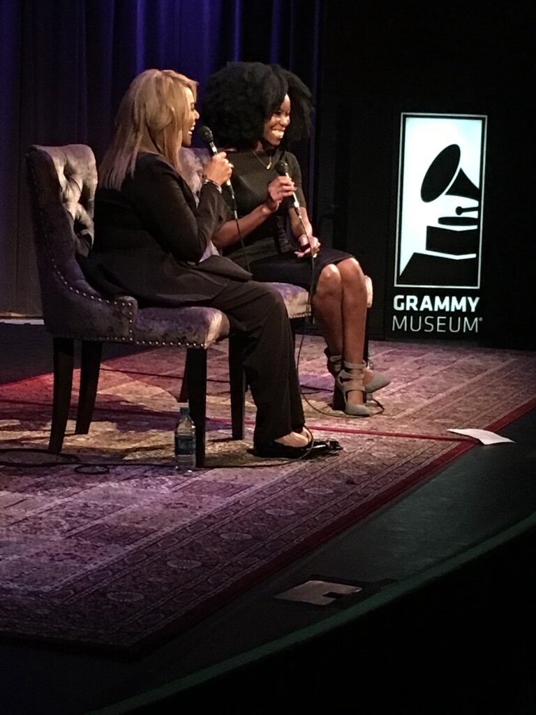 Nwaka Onwusa in conversation with Claudette Robinson of The Miracles on the GRAMMY Museum stage
